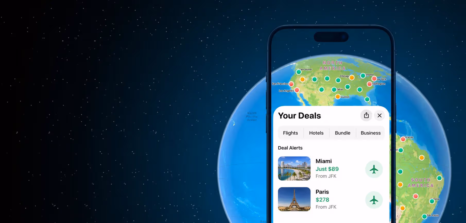 Globe showing flight deal markers across the world with a phone displaying Your Deals